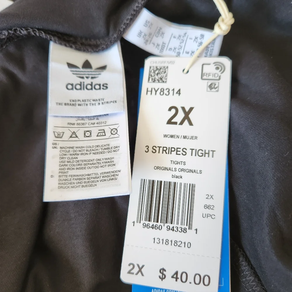 ADIDAS NWT TIGHTS -Size 2X Black with 3 White Stripes on side! - Picture 5 of 5